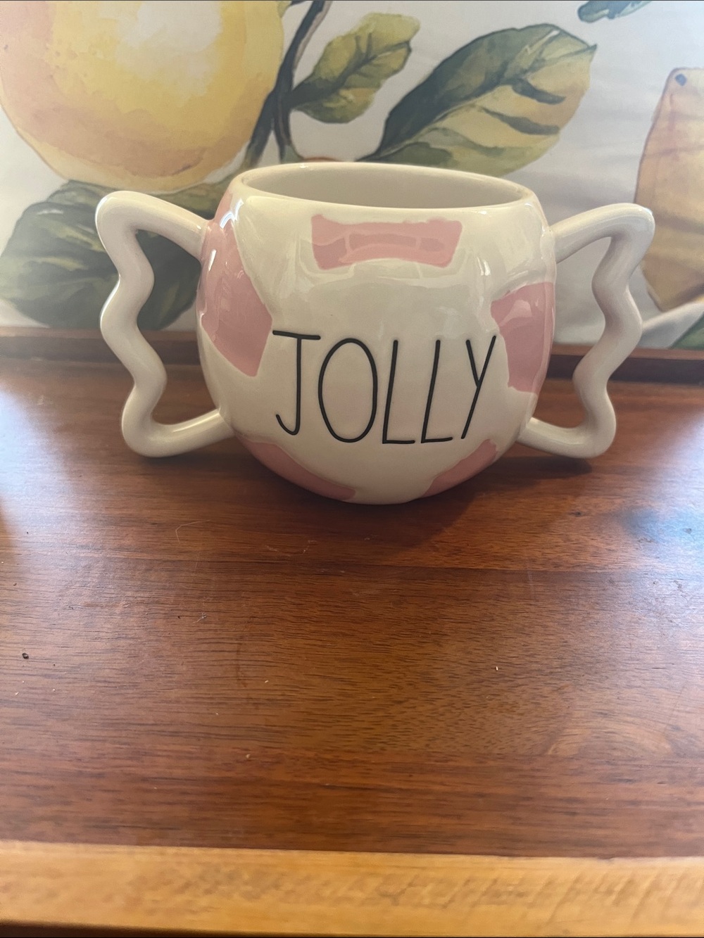 Rae Dunn JOLLY Pink and Cream Double-Handled Mug